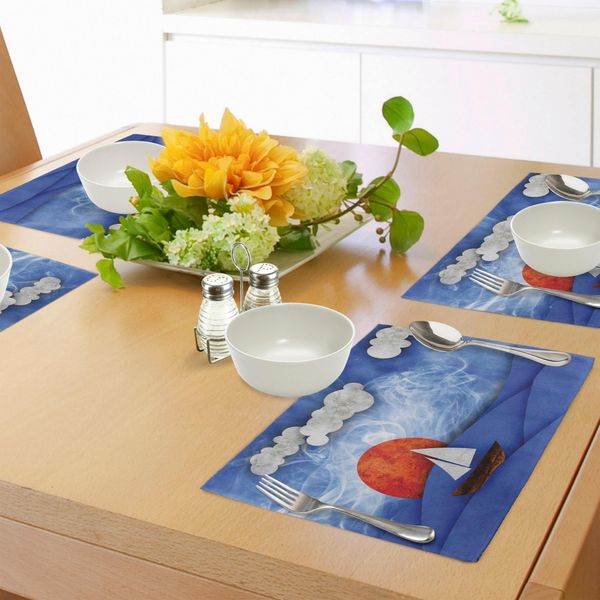 Abakuhaus Tovagliette Nautiche, Veliero Con Sole E Nuvole Nella Nebbia, Motivo Ondulato, Tiscjdeco In Tessuto Resistente Al Lavaggio Per La Sala Da Pranzo E La Cucina, Arancione Bianco Blu-image