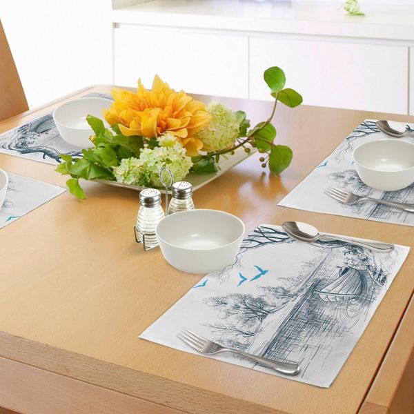 Abakuhaus Tovagliette Paesaggio, Barca Su Fiume Tranquillo - Albero - Uccello - Ramo - Schizzi - Disegni - Clipart - Acqua - Minimalista, Tiscjdeco In Tessuto Resistente Al Lavaggio Per Sala Da Pranzo E Cucina, Bianco Verde Blu-image