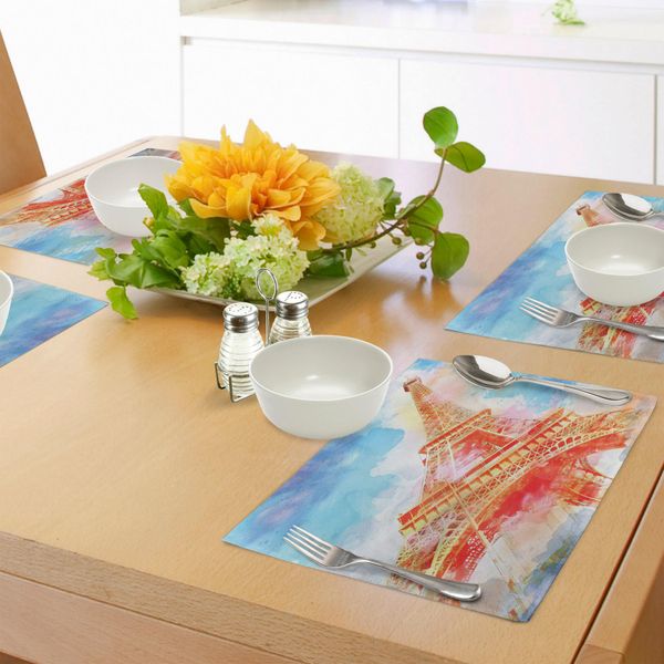 Tovagliette Abakuhaus Torre Eiffel, Illustrazione Colorata Con Righello Torre Eiffel Dipinta Ad Acquerello, Tiscjdeco In Tessuto Resistente Al Lavaggio Per La Sala Da Pranzo E La Cucina, Giallo Blu Rosso-image