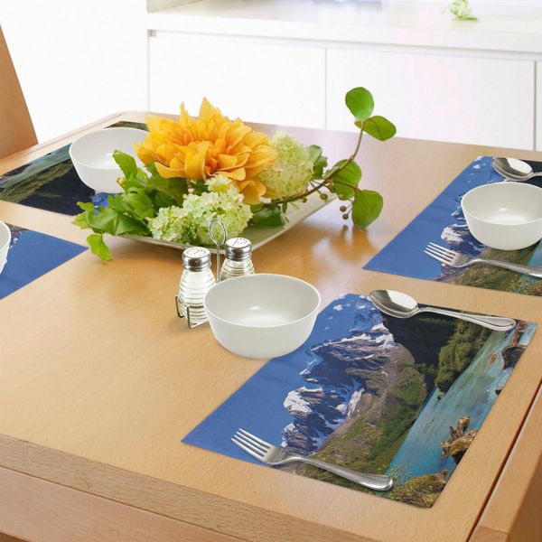 Abakuhaus Tovagliette Paesaggio, Cima Innevata, Fiume Impetuoso, Pini, Erba, Nuvole, Arbusti, Tiscjdeco In Tessuto Resistente Al Colore Per La Sala Da Pranzo E La Cucina, Bianco, Verde, Verde, Blu-image