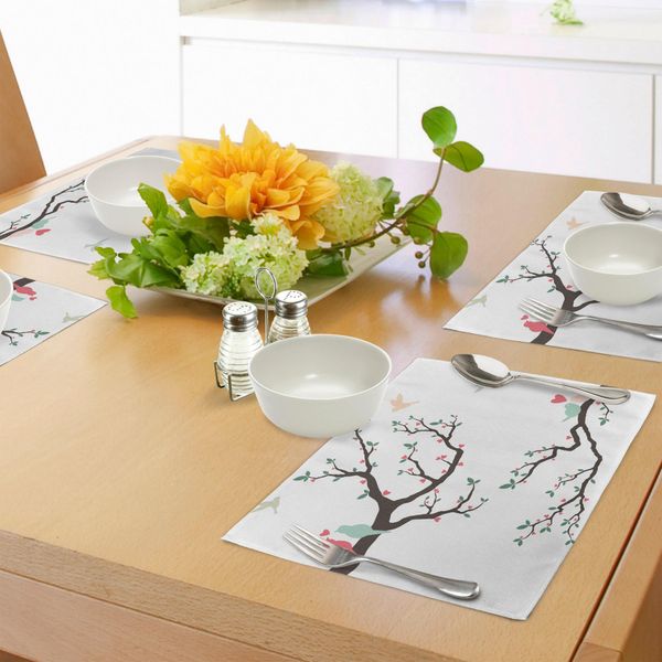 Abakuhaus Tovagliette Amore, Uccellini Retrò Su Ramo Serenata Partner Cerimonia Amore Romanticismo, Tiscjdeco In Tessuto Resistente Ai Colori Per Sala Da Pranzo E Cucina, Marrone Verde Rosa-image