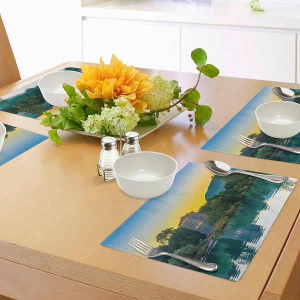 Tovagliette Asiatiche Abakuhaus, Sito Archeologico Della Torre Di Venezia, Parco Nazionale All'alba, Paesaggio Del Lake Sanctuary, Tiscjdeco In Tessuto Resistente Ai Colori Per La Sala Da Pranzo E La Cucina, Verde Blu.-image