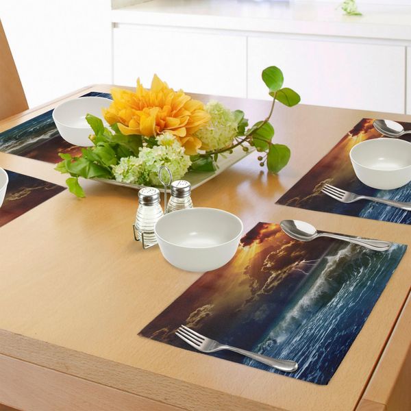 Tovagliette Abakuhaus Natur, Fulmini Sulle Onde Del Mare Wild Forces Fuoco Bruciato Nell'aria Stampa, Tiscjdeco In Tessuto Resistente Al Colore Per La Sala Da Pranzo E La Cucina, Arancione Blu-image