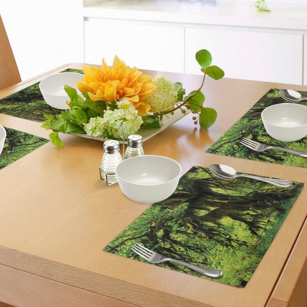 Tovagliette Abakuhaus Rainforest, Albero Con Muschio Nella Giungla Natura Vita Zen Feng Shui Motivo Piante Silenziose, Decorazione Da Tavola In Tessuto Resistente Al Lavaggio Per Sala Da Pranzo E Cucina, Verde Marrone-image