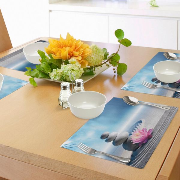 Tovagliette Abakuhaus Spa, Pietre E Fiori Di Loto Sulla Sabbia Meditazione Armonia Equilibrio Fioritura Il Tuo Spirito, Tiscjdeco In Tessuto Resistente Al Colore Per La Sala Da Pranzo E La Cucina, Grigio Rosa Blu-image