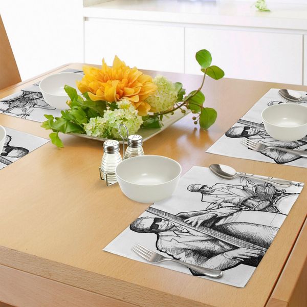 Tovagliette Abakuhaus Jazz Music, Illustrazione Di Un Musicista Di Una Band Jazz Che Suona La Batteria Durante Un Concerto, Tovaglietta Decorativa In Tessuto Resistente Ai Colori Per La Sala Da Pranzo E La Cucina, Bianco E Nero-image