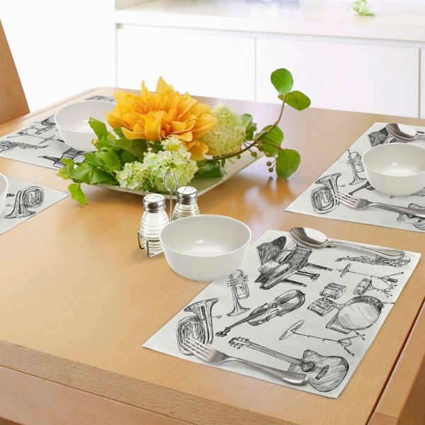 Tovagliette Abakuhaus Jazz Music, Collezione Di Strumenti Musicali Sketch Style Art Con Tromba, Pianoforte E Chitarra, Tiscjdeco In Tessuto Resistente Al Lavaggio Per Sala Da Pranzo E Cucina, Beige E Nero-image