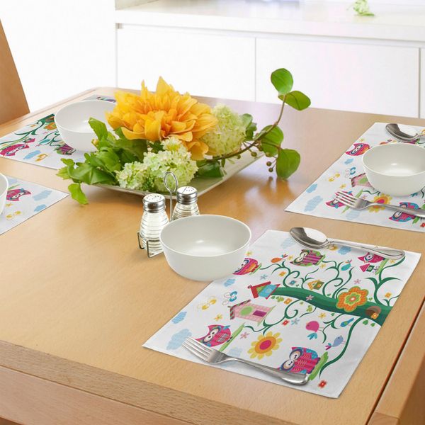 Abakuhaus Tovagliette Con Gufi, Gufi Su Un Albero Con Occhi Pazzi Mosaico Punti Magia Nell'aria Mascotte Notturne Sagge, Tiscjdeco In Tessuto Resistente Al Colore Per La Sala Da Pranzo E La Cucina, Multicolore-image