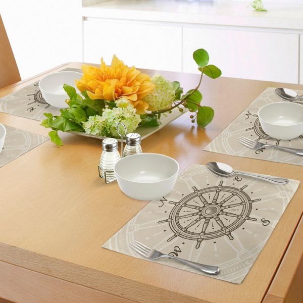 Tovagliette Abakuhaus Con Motivo Timone, Timone Retrò, Barca A Vela Antica, Strumento Di Navigazione, Stampa Monocromatica, Decorazione Da Tavolo In Tessuto Resistente Al Lavaggio Per Sala Da Pranzo E Cucina, Beige Marrone-image