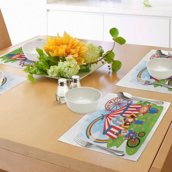 Tovagliette Abakuhaus Zirkus, Scena Circense Con Clown Sull'erba Rainbow Ferris Wheel Happy Bubbles Tema Infanzia, Tiscjdeco In Tessuto Resistente Ai Colori Per La Sala Da Pranzo E La Cucina, Multicolore-image
