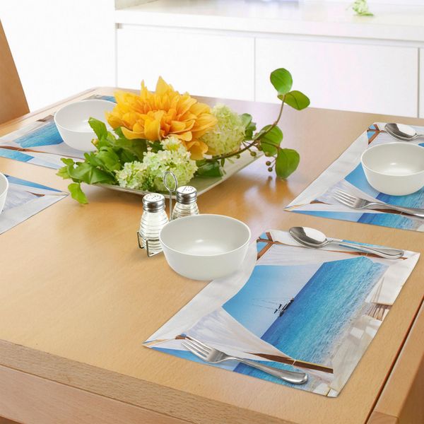 Abakuhaus Tovagliette Balinesi, Spiaggia Con Letto Balinese Estate Sole Splendente Cielo Sereno Luna Di Miele Immagine Natural Spa, Tiscjdeco In Tessuto Resistente Al Lavaggio Per Sala Da Pranzo E Cucina, Bianco Blu-image