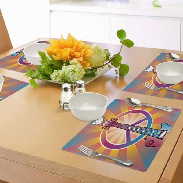 Tovagliette Retrò Abakuhaus, Chitarra Colorata, Simbolo Della Pace E Colomba Dedicati Al Tributo Artistico A Woodstock, Tiscjdeco In Tessuto Resistente Ai Colori Per La Sala Da Pranzo E La Cucina, Multicolore-image