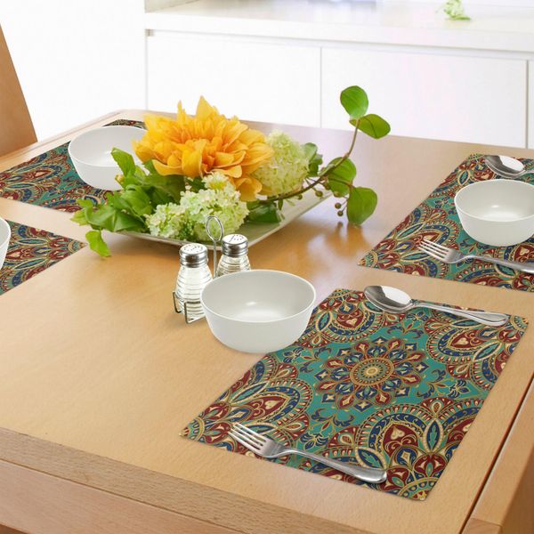 Tovagliette Abakuhaus Mandala, Motivo Con Motivi Arabeschi Medievali Orientali In Stile Mandala, Tiscjdeco In Tessuto Resistente Al Lavaggio Per La Sala Da Pranzo E La Cucina, Verde Blu Rosso-image