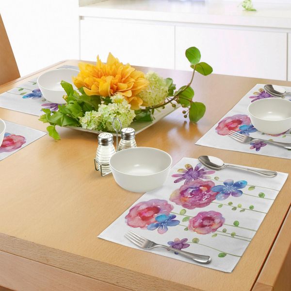 Tovagliette Abakuhaus Con Motivi Floreali, Illustrazioni Ad Acquerello Di Diversi Tipi Di Fiori In Stile Boho, Decorazioni Da Tavola In Tessuto Resistente Allo Scolorimento Per La Sala Da Pranzo E La Cucina, Viola, Rosa, Blu-image