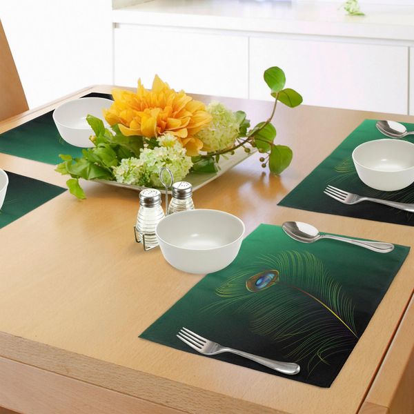 Abakuhaus Tovagliette Peacock, Illustrazione Di Piume Di Pavone In Stile Artistico Semplificato Art-Wilden Natur-Leben-Druck, Tiscjdeco In Tessuto Resistente Al Colore Per La Sala Da Pranzo E La Cucina, Verde Blu-image