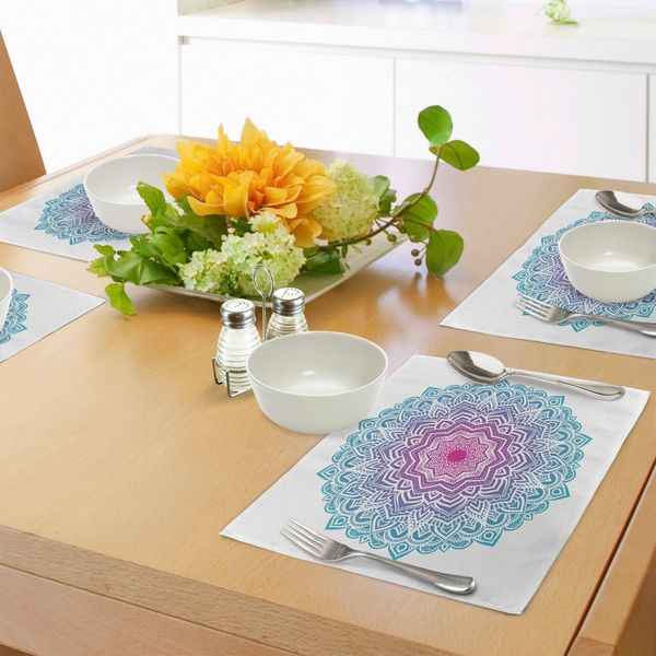Tovagliette Abakuhaus Mandala, Motivo Floreale Rotondo A Stelle Con Morbidi Colori Acquamarina, Tema Meditazione Spirituale, Tiscjdeco In Tessuto Resistente Al Lavaggio Per Sala Da Pranzo E Cucina, Bianco Rosa Blu-image
