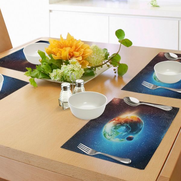 Tovagliette Abakuhaus Space, Pianeta Terra Nei Raggi Del Sole Elementi Astronomia Atmosfera Cielo Satelliti Luna Immagine, Tiscjdeco In Tessuto Resistente Al Colore Per La Sala Da Pranzo E La Cucina, Blu Rosso-image