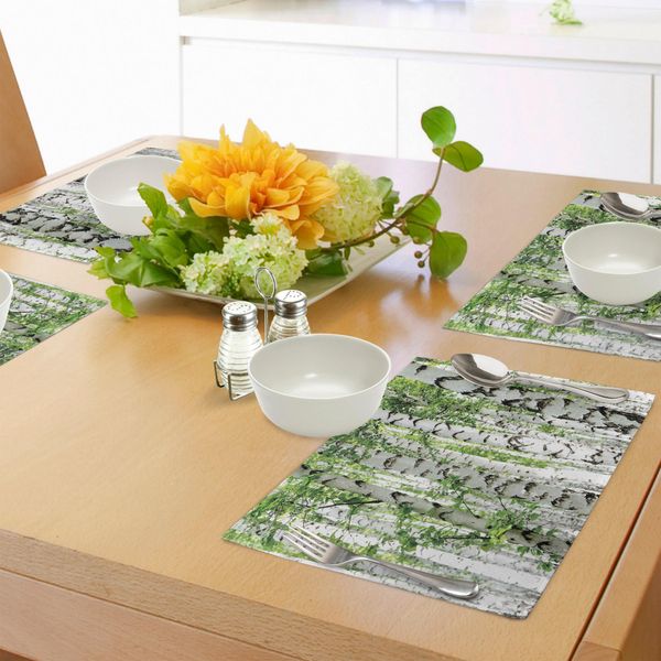 Tovagliette Abakuhaus Foresta, Betulle Nella Foresta Estate Fauna Selvatica Natura All'aperto Con Motivo Immagine, Tiscjdeco In Tessuto Resistente Al Lavaggio Per Sala Da Pranzo E Cucina, Bianco Verde-image