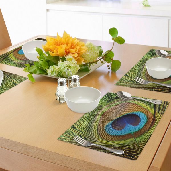 Abakuhaus Tovagliette Peacock, Piuma Di Pavone Con Forma Ad Occhio, Immagine Ravvicinata, Fauna Esotica, Tema Tiscjdeco, Tessuto Resistente Al Lavaggio, Per Sala Da Pranzo E Cucina, Verde Senape Teal-image