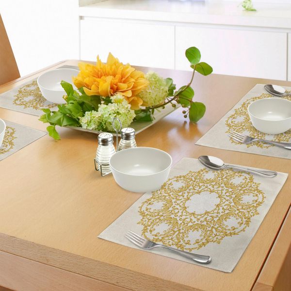 Abakuhaus Tovagliette Vittoriane, Cerchio Floreale Tradizionale Con Elementi Barocchi, Arte Turca In Stile Ottomano, Tiscjdeco In Tessuto Resistente Al Colore Per La Sala Da Pranzo E La Cucina, Giallo Crema-image