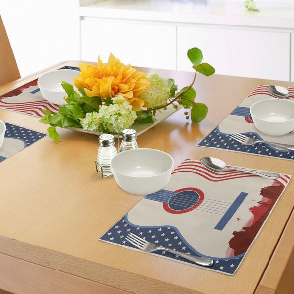 Tovagliette Abakuhaus, Illustrazione Country Music Festival Con Chitarra E Bandiera Americana, Tiscjdeco In Tessuto Resistente Ai Colori Per La Sala Da Pranzo E La Cucina, Crema Blu Rosso-image