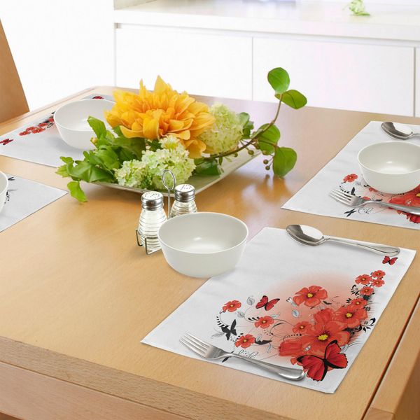 Tovagliette Abakuhaus Con Motivo Papaveri, Sfondo Floreale Con Farfalle, Tema Ispirato Alla Speranza Della Stagione Primaverile, Decorazioni Da Tavola In Tessuto Resistente Allo Scolorimento Per Sala Da Pranzo E Cucina, Bianco, Nero, Rosso-image