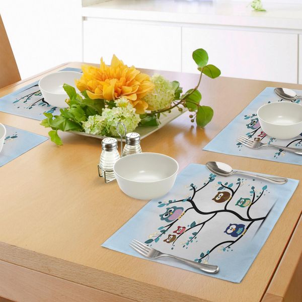 Abakuhaus Tovagliette Con Gufi, Famiglia Di Gufi Appollaiata Su Un Albero Love Grace Animali Notturni Con Stampa Naturale, Decorazioni Da Tavola In Tessuto Resistente Al Lavaggio Per La Sala Da Pranzo E La Cucina, Multicolore-image