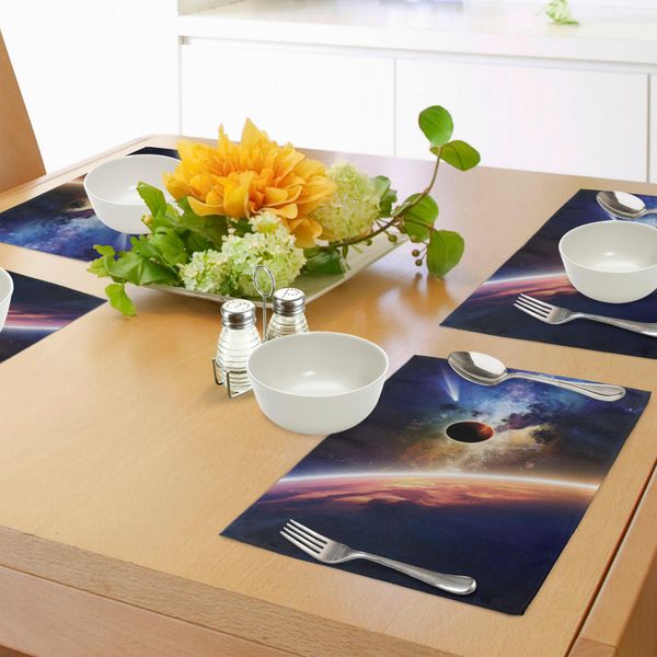 Tovagliette Abakuhaus Space, Cometa Si Avvicina Al Pianeta Vivente Scientific Realities Nella Scena Del Sistema Solare, Tiscjdeco In Tessuto Resistente Ai Colori Per La Sala Da Pranzo E La Cucina, Blu Rosso-image