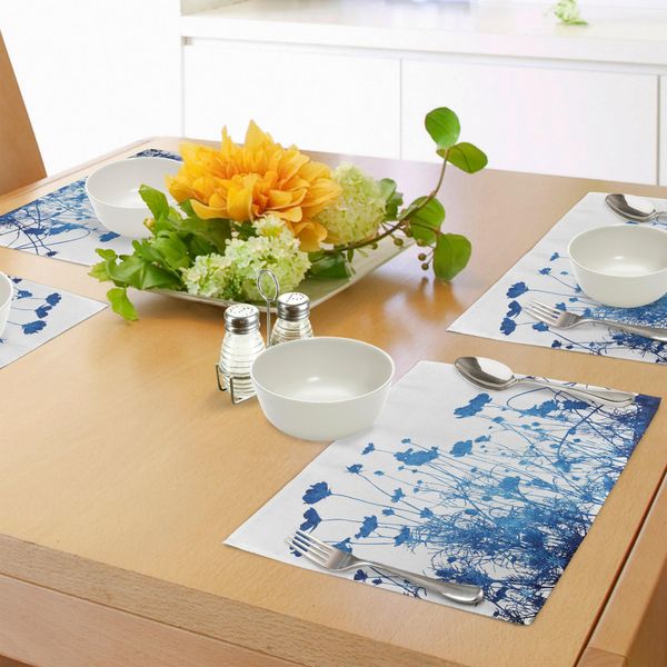 Abakuhaus Tovagliette Astratte, Silhouette Di Fiori Selvatici Estivi, Erba, Giardino, Fogliame, Illustrazione Stilizzata, Tiscjdeco In Tessuto Resistente Al Colore Per La Sala Da Pranzo E La Cucina, Bianco E Blu-image