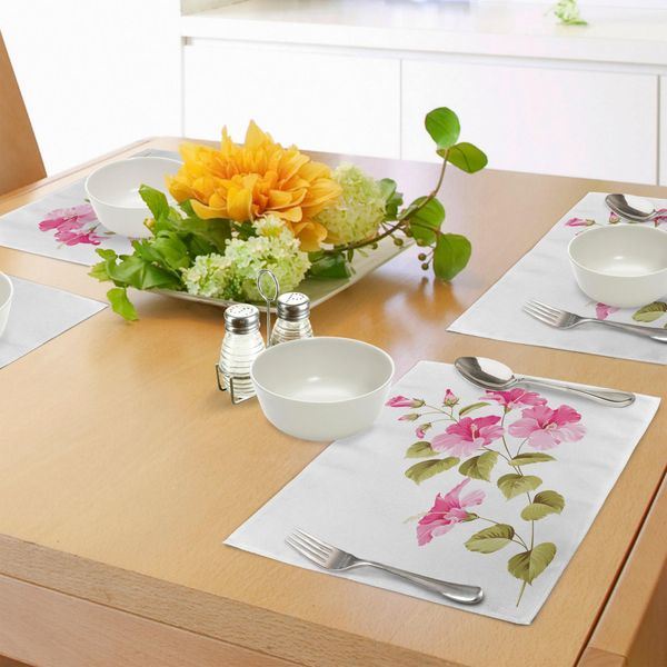 Tovagliette Abakuhaus Con Motivo Floreale, Ramo Di Ibisco Tropicale Selvatico Con Foglie Fresche, Concept Floreale Esotico, Decorazione Da Tavola In Tessuto Resistente Al Lavaggio Per Sala Da Pranzo E Cucina, Bianco, Verde, Rosa-image