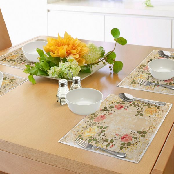 Abakuhaus Tovagliette Vintage, Forma Ovale Corona Floreale Con Foglie E Rose Su Motivo Damascato Shabby Boho, Tiscjdeco In Tessuto Resistente Al Lavaggio Per La Sala Da Pranzo E La Cucina, Giallo Verde Rosa-image