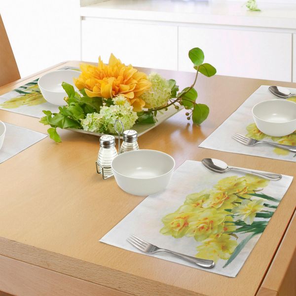 Abakuhaus Tovagliette Narciso, Acquerello Digitale Di Un Bouquet Di Narcisi Chiamato Jonquils In Inghilterra, Tiscjdeco In Tessuto Resistente Ai Colori Per La Sala Da Pranzo E La Cucina, Giallo Verde-image