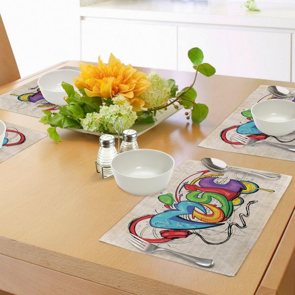 Tovagliette Abakuhaus, Illustrazione Con Tema Graffiti, Scritte, Cuffie E Hip Hop Su Mattoni Beige, Tovaglietta Decorativa In Tessuto Resistente Al Lavaggio Per La Sala Da Pranzo E La Cucina, Multicolore-image