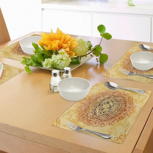 Tovagliette Abakuhaus Safari, Motivi Zodiacali Leone Barocco Su Sfondo Grunge Invecchiato - Tema Astrologico, Tovaglietta Decorativa In Tessuto Resistente Al Lavaggio Per Sala Da Pranzo E Cucina, Arancione Giallo-image