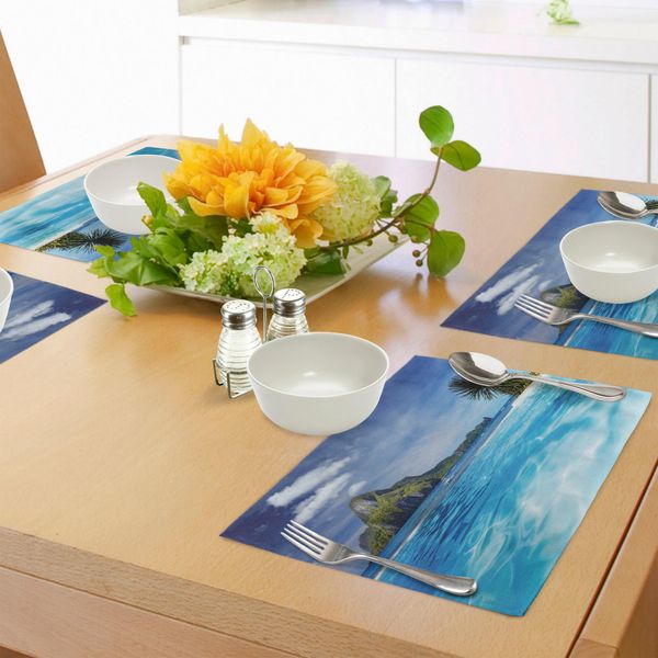 Abakuhaus Tovagliette Paesaggio, Paesaggio Con Piscina E Isola Lontana Tropic Exotic Hawaiian Theme, Tiscjdeco In Tessuto Resistente Al Colore Per La Sala Da Pranzo E La Cucina, Verde Turchese-image