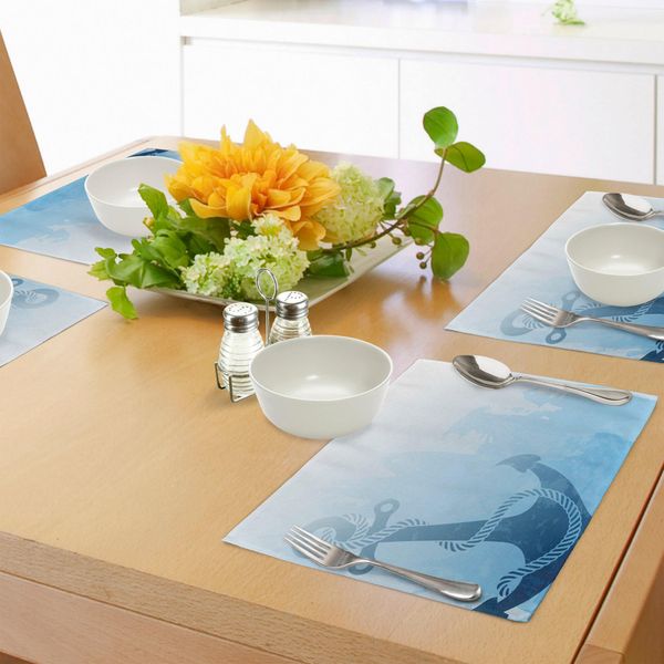 Tovagliette Nautiche Abakuhaus, Illustrazione Monocromatica Di Un'ancora Sul Fondo Del Mare, Resistenti E Stabili, Decorazioni Da Tavola In Tessuto Resistente Al Lavaggio Per La Sala Da Pranzo E La Cucina, Azzurro.-image