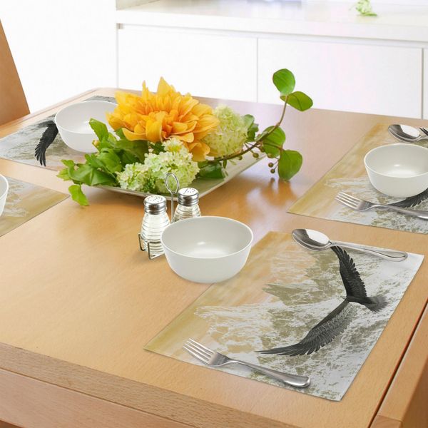 Abakuhaus Tovagliette Con Uccelli, Aquila Che Vola Verso Le Montagne Al Tramonto, Nuvoloso Stampa Con Paesaggio Naturale Selvaggio, Sottobicchieri In Tessuto Lavabile Decorazioni Per La Tavola Con Stampa, Arancione-image