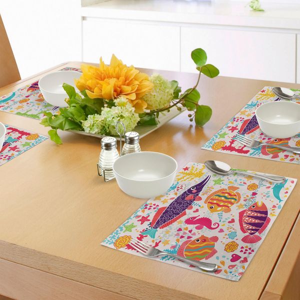 Tovagliette Abakuhaus Con Motivi Marini, Stile Cartone Animato Con Pesci, Cavallucci Marini, Stelle Marine, Coralli E Vita Sottomarina Per Bambini, Decorazioni Da Tavola In Tessuto Resistente Ai Colori Per La Sala Da Pranzo E La Cucina, Multicolore-image