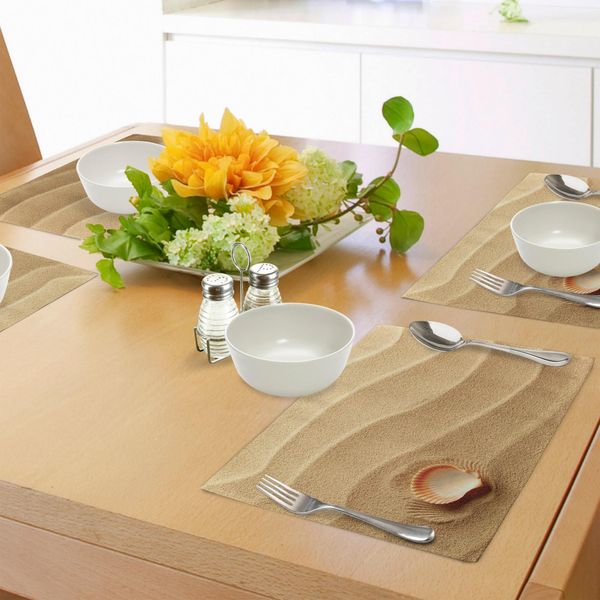 Tovagliette Abakuhaus Con Motivo A Conchiglie, Stampa Artistica Con Tema Marino Su Sfondo Sabbia Giallo Dorato, Tiscjdeco In Tessuto Resistente Al Lavaggio Per Sala Da Pranzo E Cucina, Marrone Sabbia-image