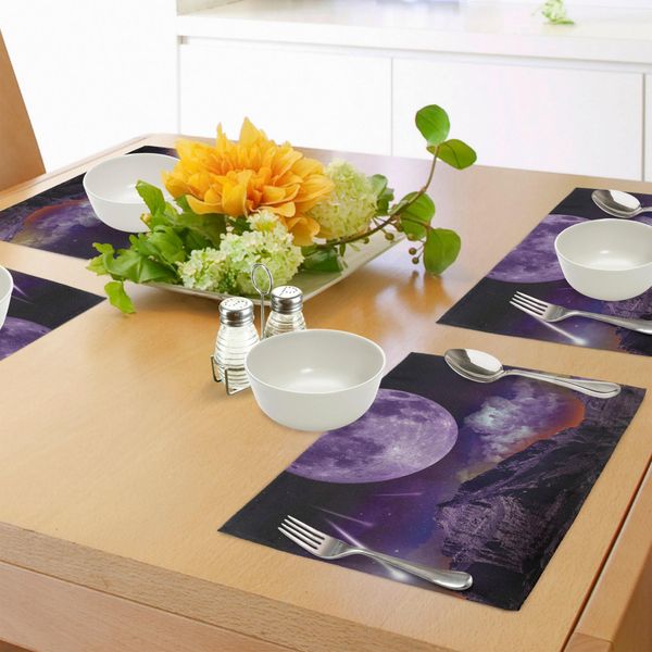 Abakuhaus Tovagliette Mistiche, Fantasia Notte Buia Nel Cosmo Terrestre-Galassia-Pianeta-Lune Celesti Grandi-Comete, Tiscjdeco In Tessuto Resistente Al Colore Per La Sala Da Pranzo E La Cucina, Viola Nero-image