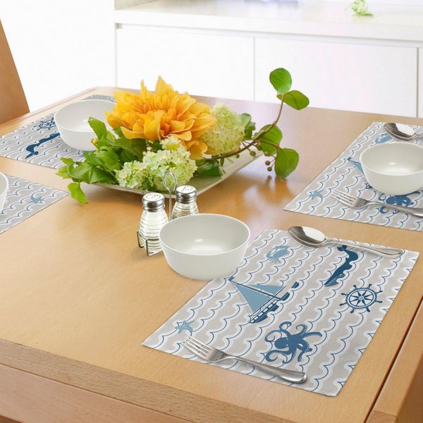 Tovagliette Nautiche Abakuhaus, Motivo A Onde Con Elementi Nautici Icone Polpo Granchio Stella Marina Balena Arte, Tiscjdeco In Tessuto Resistente Al Lavaggio Per La Sala Da Pranzo E La Cucina, Bianco Beige Blu-image