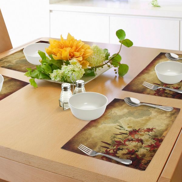 Abakuhaus Tovagliette Arancione Bruciato, Doppia Esposizione Sfondo Shaggy Retrò Consumato Bruciato Con Disegno Fiori E Nuvole, Sottobicchieri In Tessuto Lavabile Decorazione Da Tavola Con Stampa, Arancione Bruciato-image
