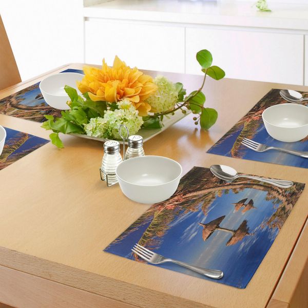 Tovagliette Abakuhaus Natur, Palme Tropicali Nell'oceano, Skyline Esotico, Paradiso Estivo, Tema Luna Di Miele Alle Mauritius, Tiscjdeco In Tessuto Resistente Al Colore Per La Sala Da Pranzo E La Cucina, Marrone Blu-image