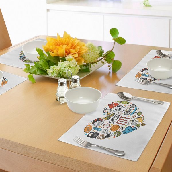 Tovagliette Abakuhaus Sport, Figura A Forma Di Cuore Con Icone Sportive Nuoto Pattinaggio Muscoli Stile Di Vita Sano Vita Sana, Tiscjdeco In Tessuto Resistente Al Lavaggio Per La Sala Da Pranzo E La Cucina, Multicolore-image