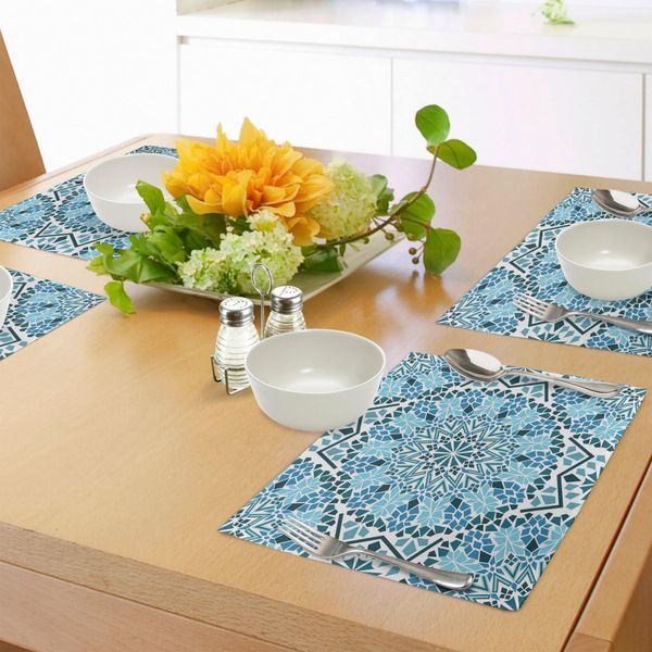 Tovagliette Marocchine Abakuhaus, Architettura Marocchina Con Motivi Geometrici A Mosaico E Stelle Orientali, Tiscjdeco In Tessuto Resistente Ai Colori Per La Sala Da Pranzo E La Cucina, Bianco E Blu-image