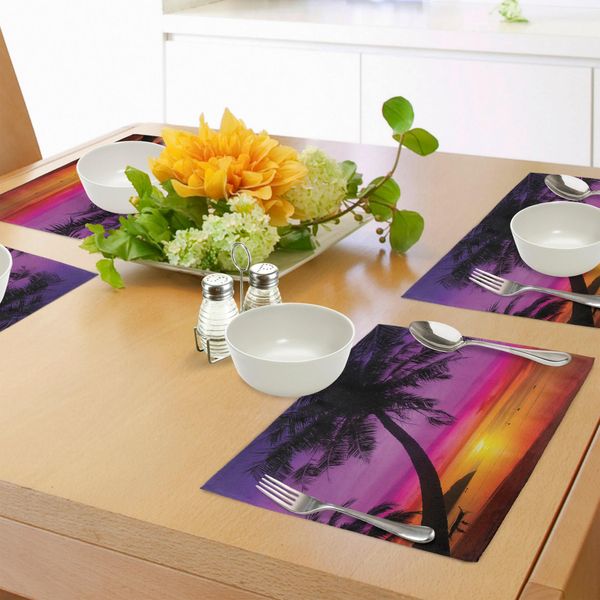 Abakuhaus Tovagliette Tropicali, Silhouette Di Palme Sulla Spiaggia Al Tramonto - Destinazione Estiva, Decorazioni Da Tavola In Tessuto Resistente Al Lavaggio Per La Sala Da Pranzo E La Cucina, Arancione, Viola, Nero-image