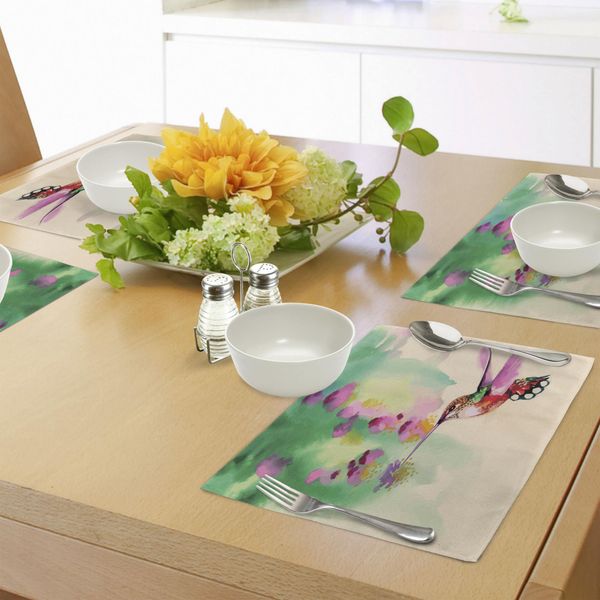 Tovagliette Abakuhaus Kolibri, Arte Con Uccellino Colibrì E Tema Romantico Primaverile Tropicale Floreale, Tiscjdeco In Tessuto Resistente Al Lavaggio Per Sala Da Pranzo E Cucina, Fucsia E Verde-image