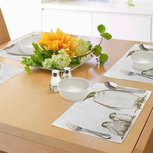 Abakuhaus Tovagliette Con Motivi Marini, Incisione Illustrazione Antica Re Pinguino E Pinguini Cuccioli Natura, Tiscjdeco In Tessuto Resistente Al Lavaggio Per Sala Da Pranzo E Cucina, Verde Oliva-image