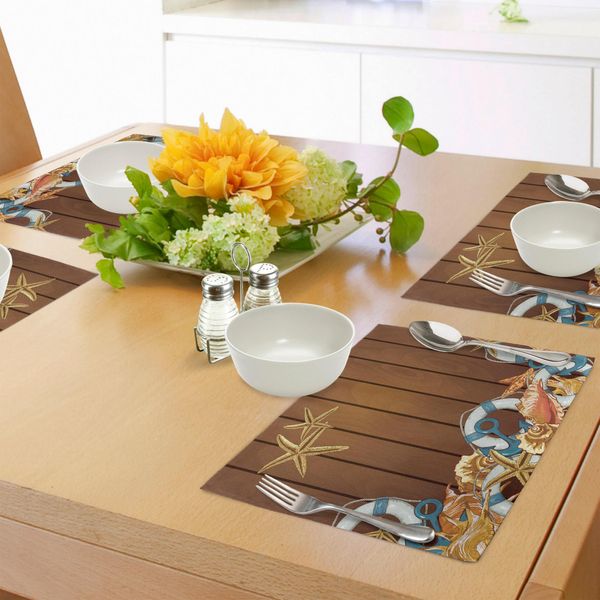Abakuhaus Tovagliette Con Conchiglie, Seashells Ancoraggio-Stella Marina Su Sfondo In Legno-Elemento Marino-Tema Marino, Tiscjdeco In Tessuto Resistente Al Lavaggio Per La Sala Da Pranzo E La Cucina, Bianco Marrone Blu-image