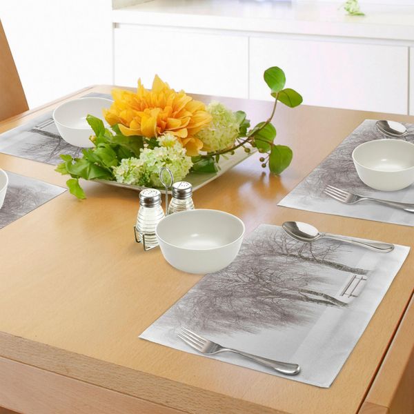 Abakuhaus Tovagliette Invernali, Panchina Nel Parco In Una Fredda Giornata Invernale Nevosa Con Tempesta Di Vento E Bufera Di Neve, Immagine Festiva, Tiscjdeco In Tessuto Resistente Al Colore Per La Sala Da Pranzo E La Cucina, Bianco Marrone-image